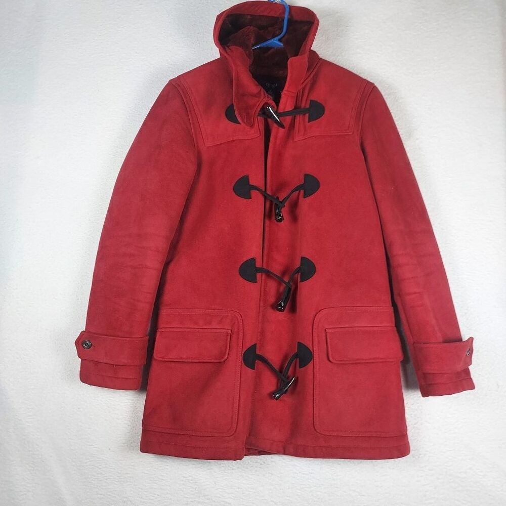 Chaps Womens S Red Faux Suede Toggle Duffle Coat Hooded Sherpa Lined Jacket